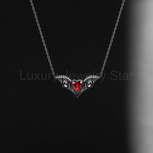 Bat Wing Garnet Heart Shaped Necklace Black Gold Halloween Jewelry