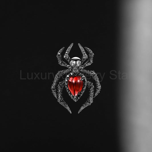 Deluxe Unique Spider & Skull Pear Cut Garnet Halloween Gothic Pendant Necklace