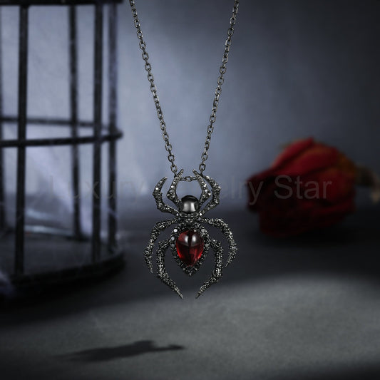 Deluxe Unique Spider & Skull Pear Cut Garnet Halloween Gothic Pendant Necklace - image 2