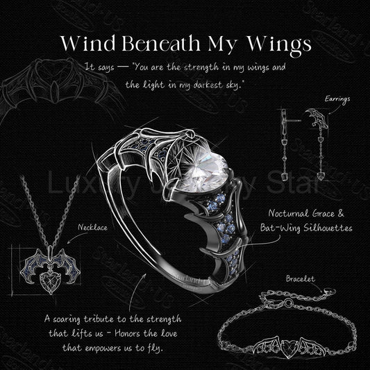 Gothic Bat Inspired Heart Moissanite Black Gold Jewelry Set - Bat Jewelry Box - image 2