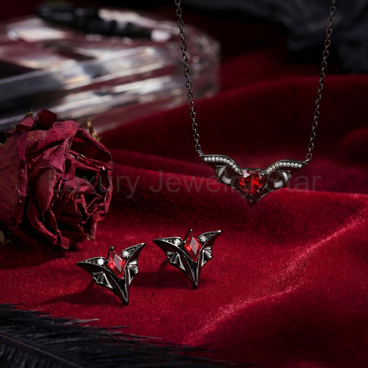 Gothic Bat Wing Inspired Heart Garnet 'Batsh*t Crazy' Black Gold Jewelry Set - Bat Jewelry Box