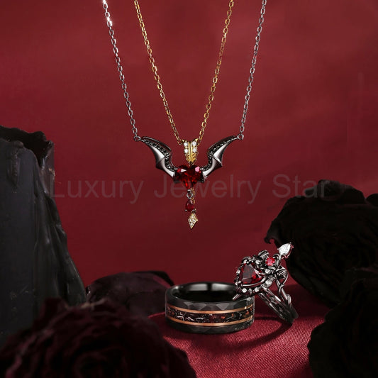 Gothic Heart Garnet Black Gold Engagement Ring Devil Wing Inspired Jewelry Set - 'Cupid's Arrow'
