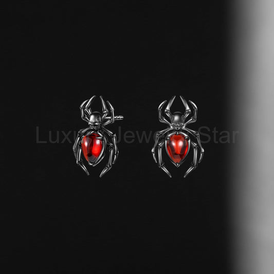 Gothic Spider & Skull Pear Shaped Garnet Halloween Stud Earrings