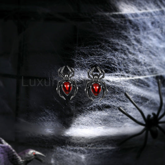 Gothic Spider & Skull Pear Shaped Garnet Halloween Stud Earrings - image 2
