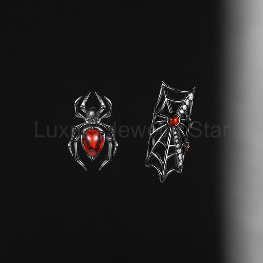 Gothic Spider Web & Spider Skull Pear Shaped Garnet Halloween Earrings