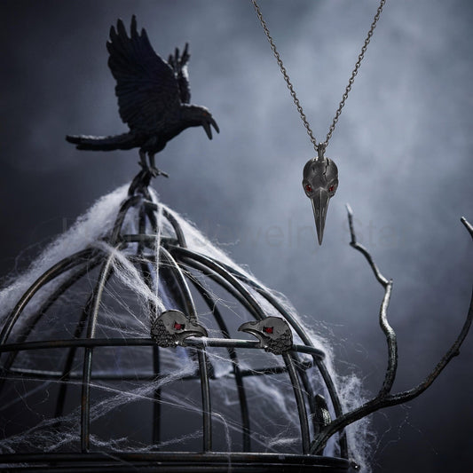 Gothic Style Animation Inspired Gemstone Black Gold Stud Earrings - 'Dark Crow' Jewelry Box