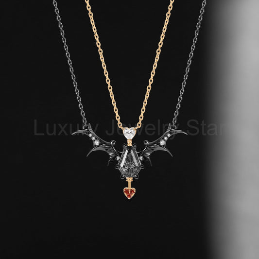 Gothic Style Coffin Black Rutilated Quartz Two-Tone Bat Wing Couple Necklaces Set 2pcs - 'Dark Arrow