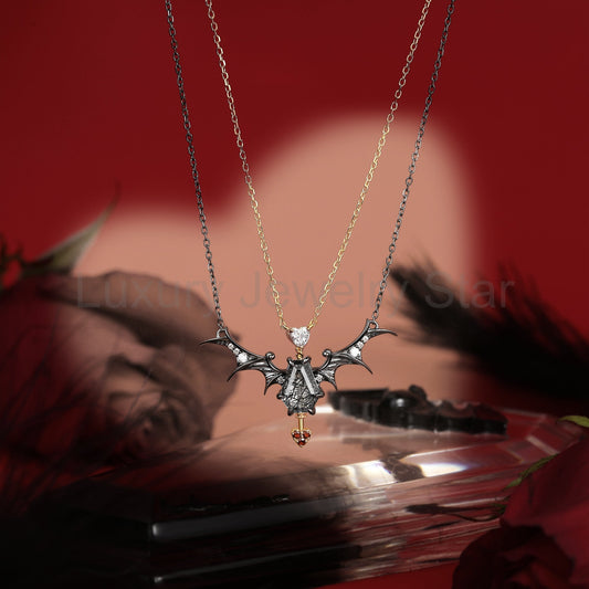 Gothic Style Coffin Black Rutilated Quartz Two-Tone Bat Wing Couple Necklaces Set 2pcs - image 2