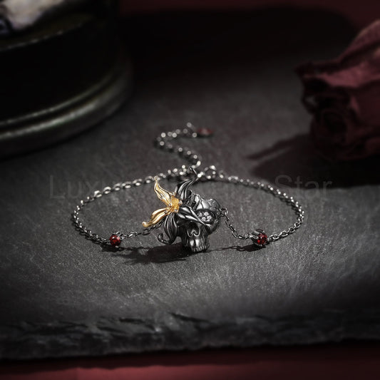 Gothic Style Flower Inspired Skull & Skeleton Two-Tone Halloween Bracelet