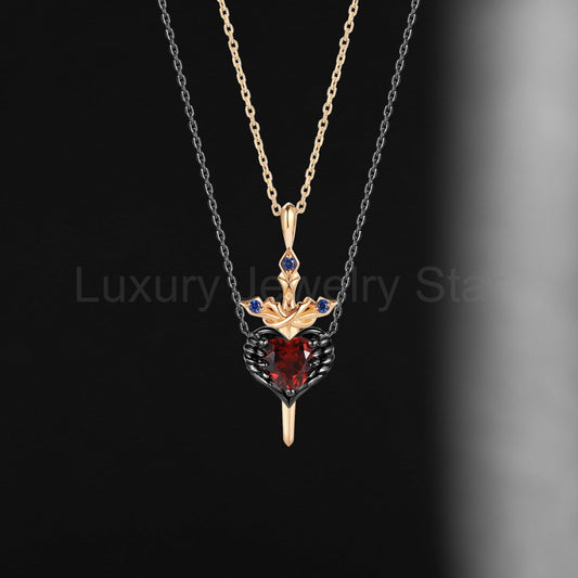 Gothic Style Heart Shaped Garnet Two-Tone Couple Necklaces Set 2pcs - 'Pierced Heart'