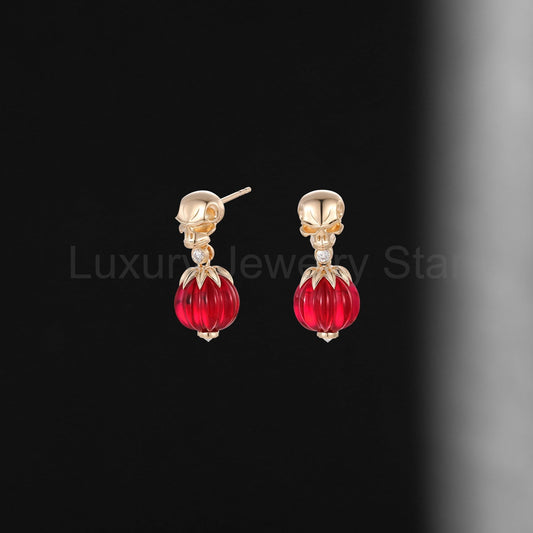 Gothic Style Lab Ruby Skull & Pumpkin Shaped Gemstone Stud Earrings Halloween Jewelry
