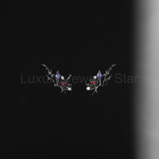 Gothic Style Nature Inspired 'Thorns & Roses' Garnet Flower Halloween Stud Earrings