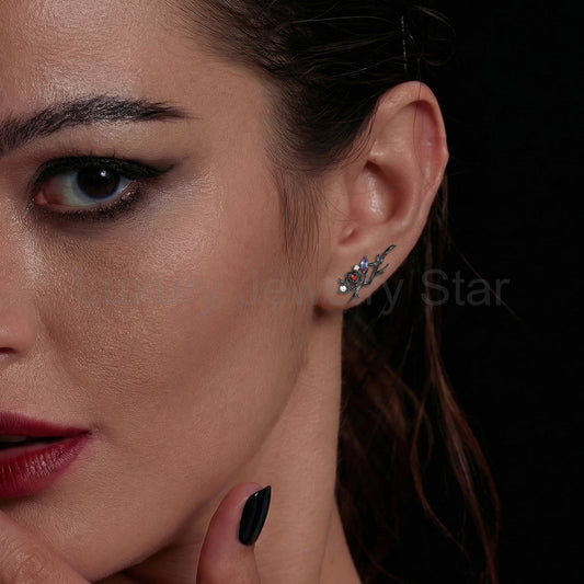 Gothic Style Nature Inspired 'Thorns & Roses' Garnet Flower Halloween Stud Earrings - image 2