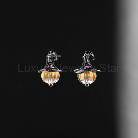 Halloween Jewelry Gift Unique Pumpkin Shaped Citrine Gemstone Stud Earrings