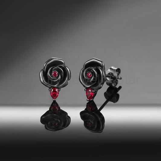 Nature Inspired Dark Crimson Rose Lab Ruby Stud Earrings - 'Thorns & Roses'