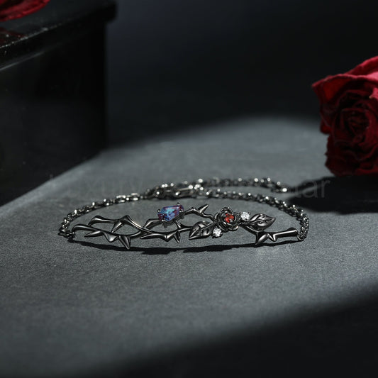 Nature Inspired Gothic 'Thorns & Roses' Lab Alexandrite Coffin & Garnet Flower Halloween Bracelet