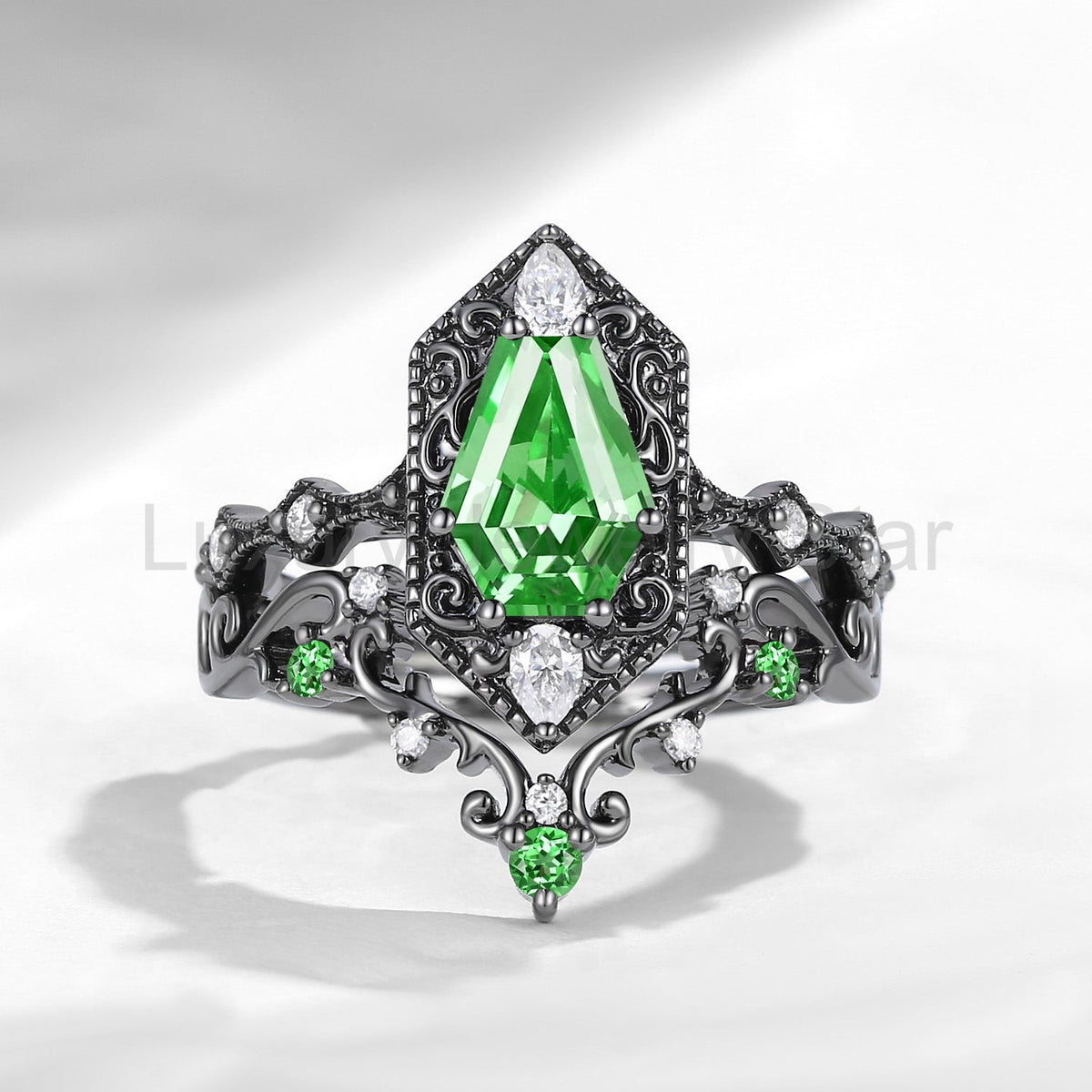 Retro Filigree Coffin Lab Tsavorite Vampire Gothic Black Gold Engagement Ring Set 2pcs