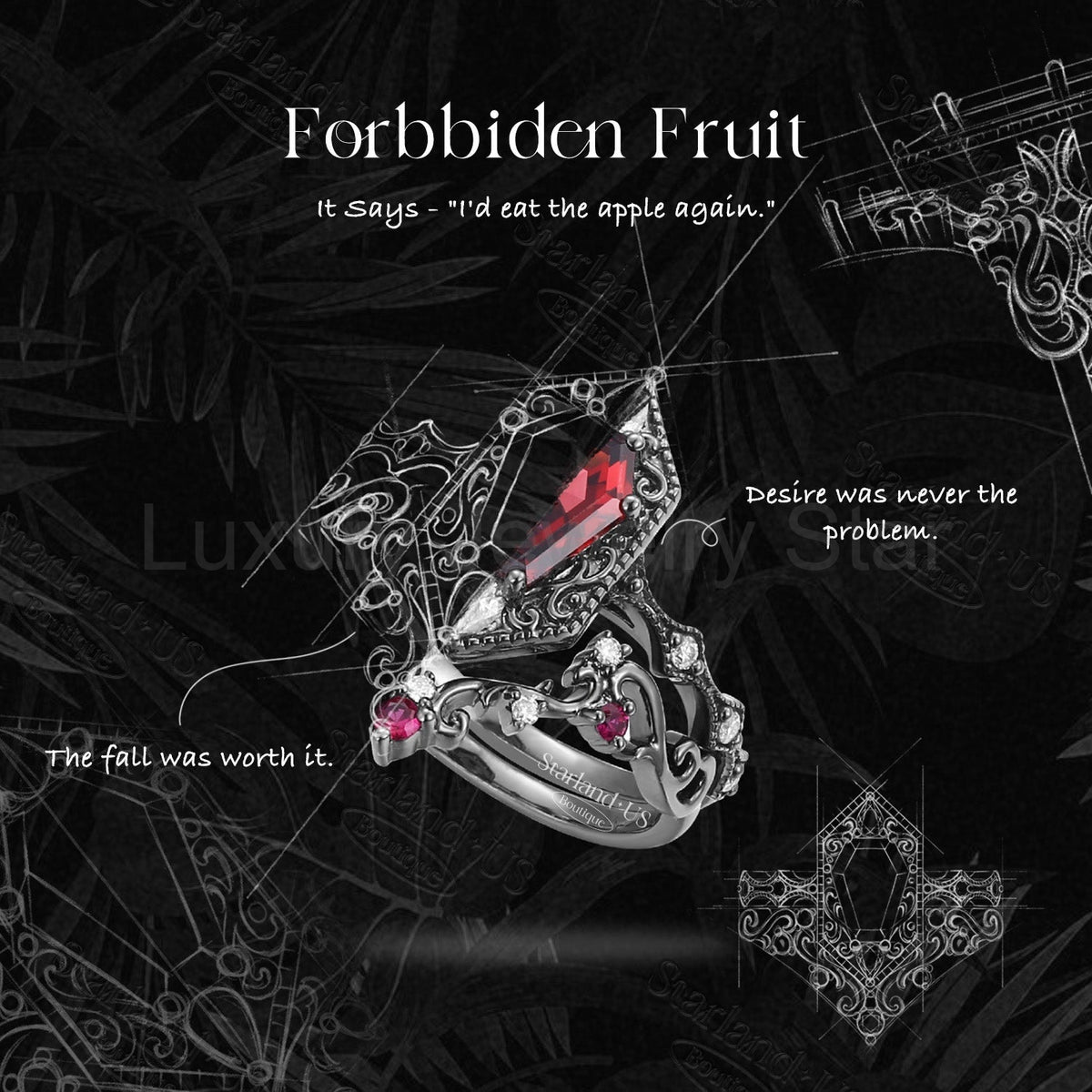 Retro Filigree Coffin Lab Tsavorite Vampire Gothic Black Gold Engagement Ring Set 2pcs - image 3