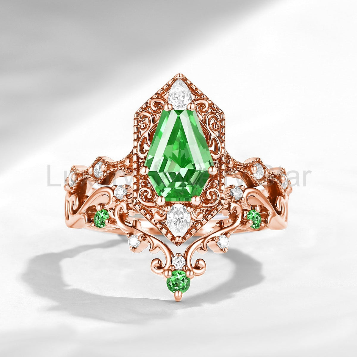 Retro Filigree Coffin Lab Tsavorite Vampire Gothic Black Gold Engagement Ring Set 2pcs - image 4