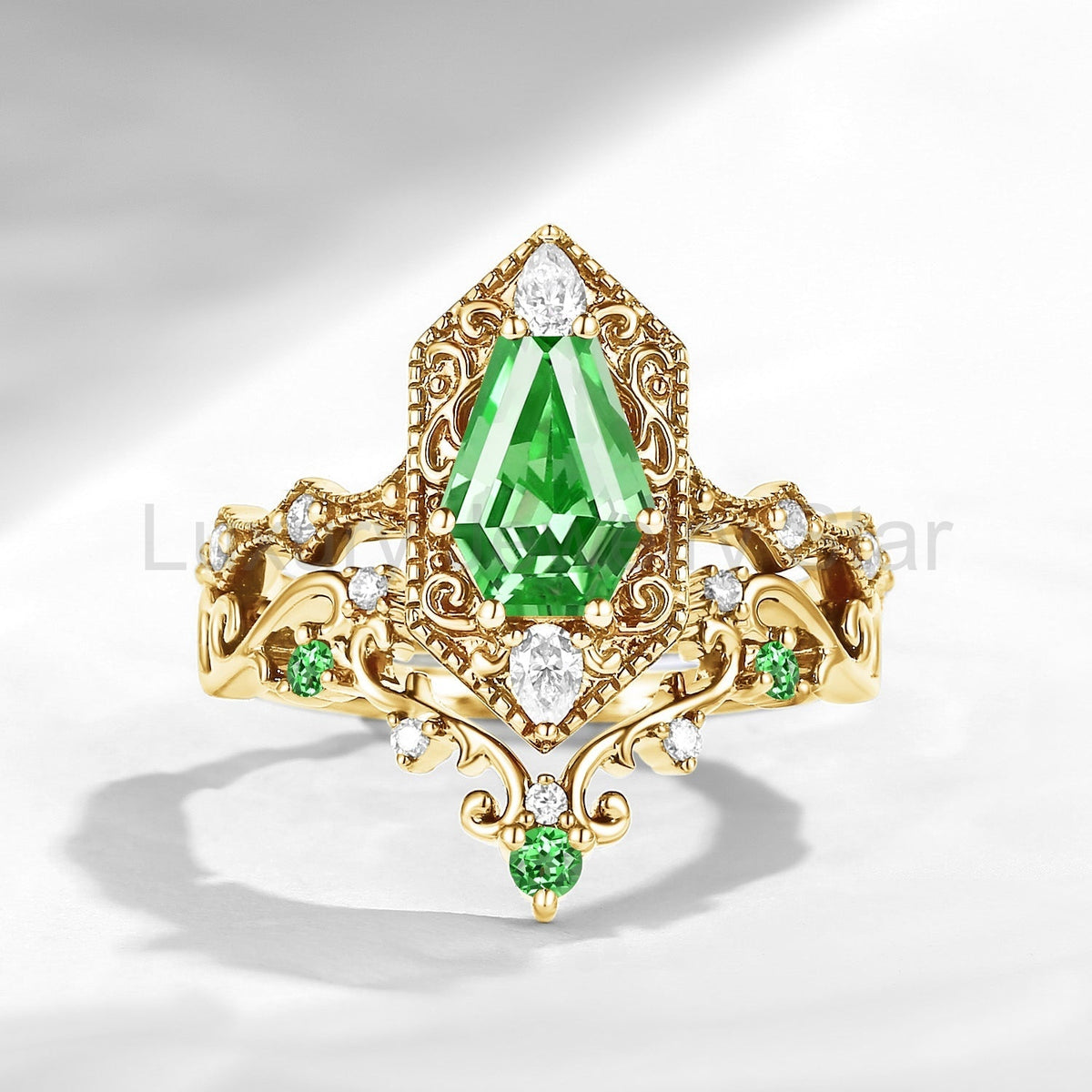 Retro Filigree Coffin Lab Tsavorite Vampire Gothic Black Gold Engagement Ring Set 2pcs - image 5