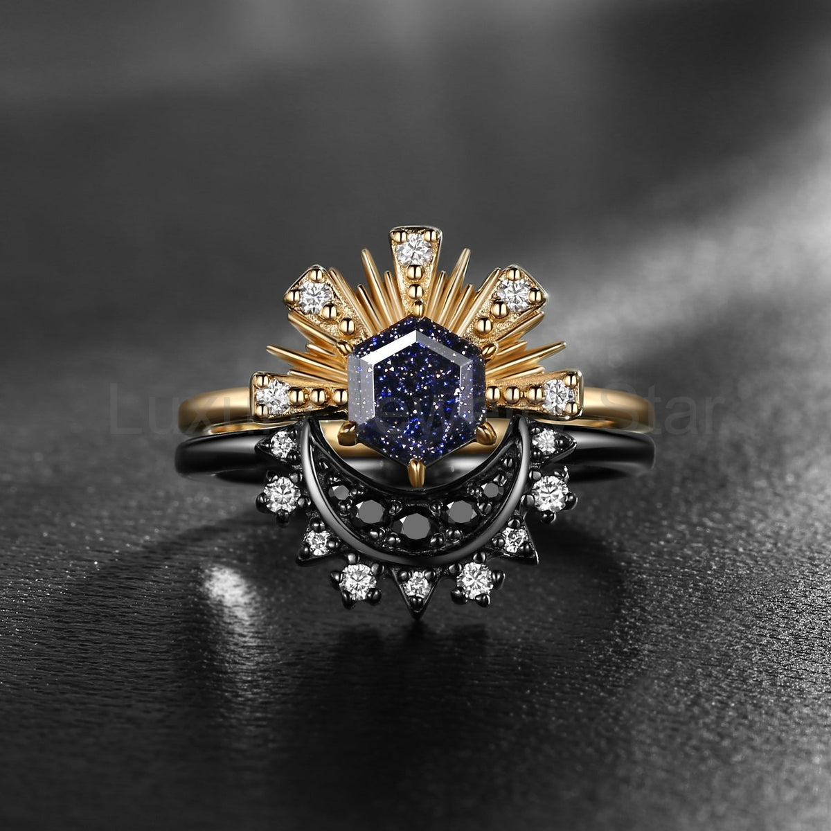 Retro Hexagon Cut Blue Sandstone Sun & Moon Two-Tone Engagement Ring Set 2pcs