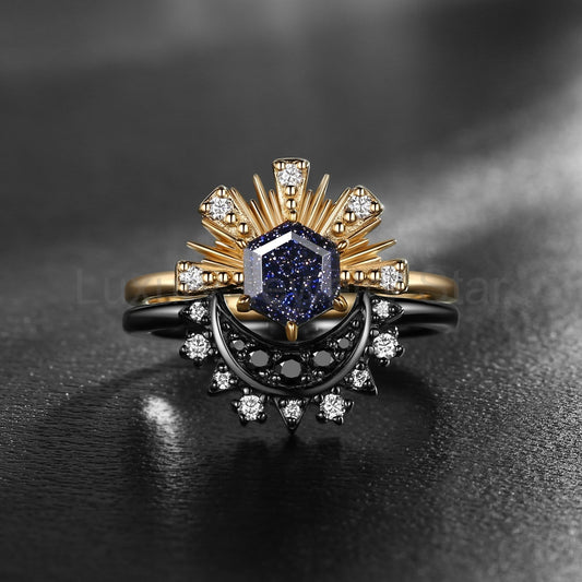 Retro Hexagon Cut Blue Sandstone Sun & Moon Two-Tone Engagement Ring Set 2pcs