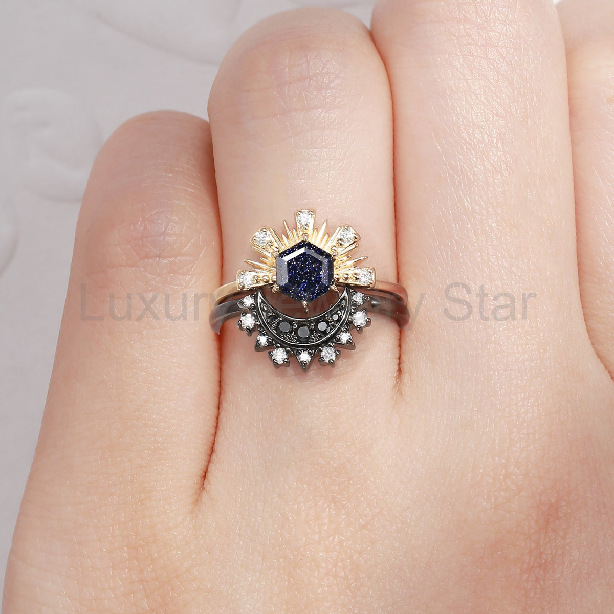 Retro Hexagon Cut Blue Sandstone Sun & Moon Two-Tone Engagement Ring Set 2pcs - image 2