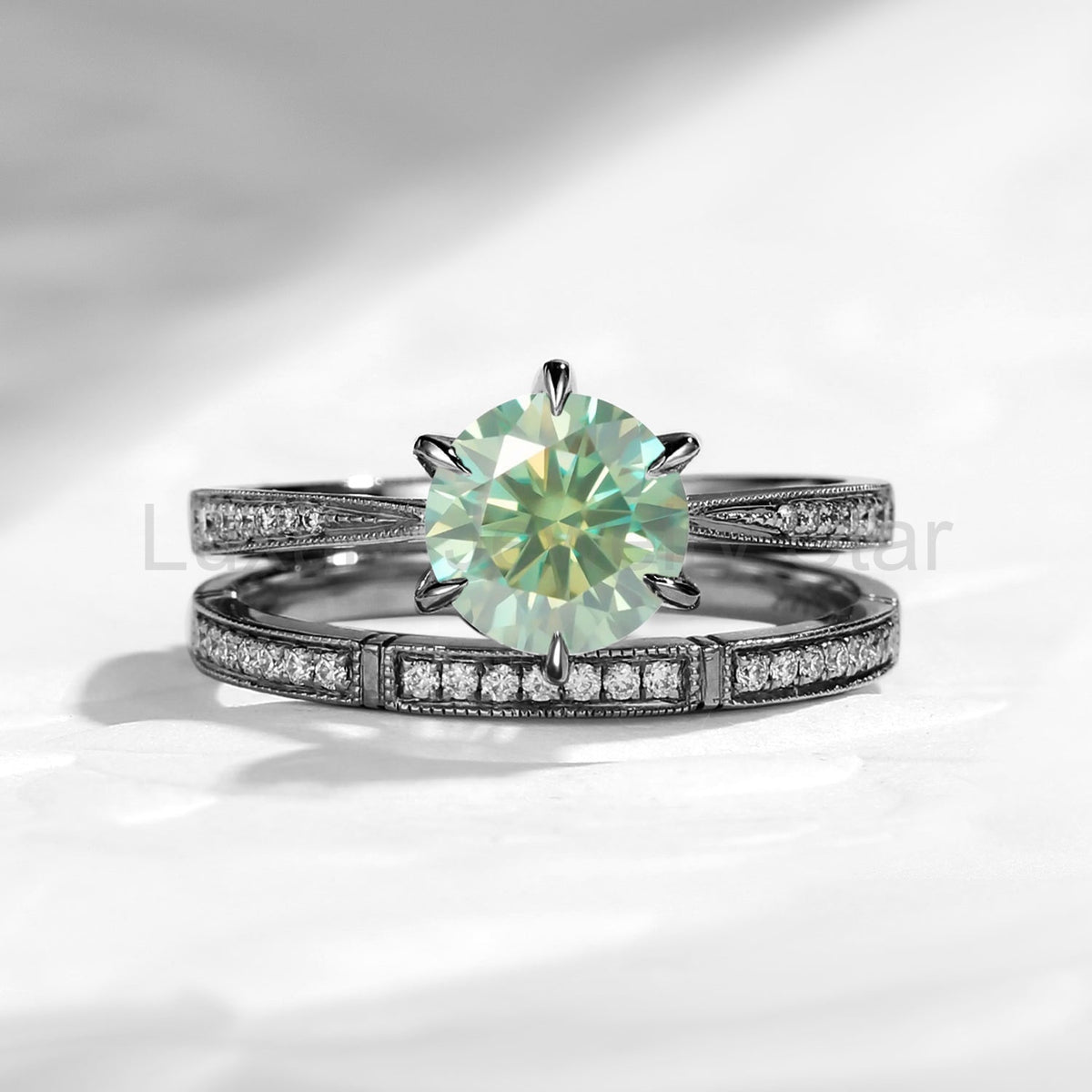 Retro Round Cut Green Moissanite 6 Prongs Half Eternity Engagement Ring Bridal Set 2pcs