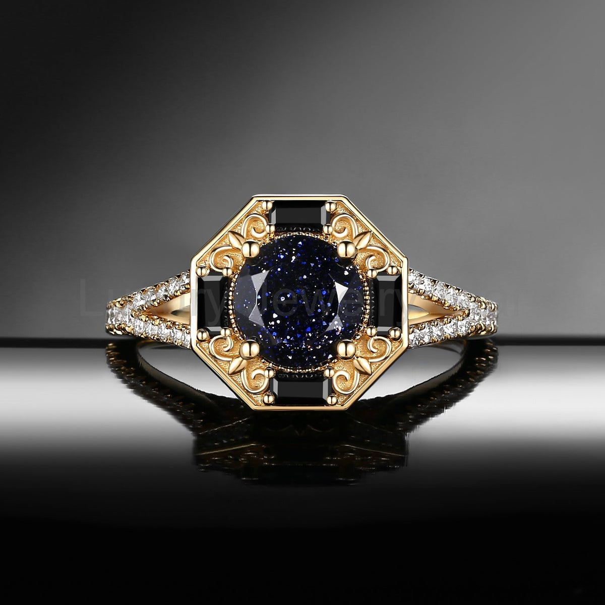 Round Cut Blue Sandstone 'Fallen Aegis' Filigree Gold Engagement Ring
