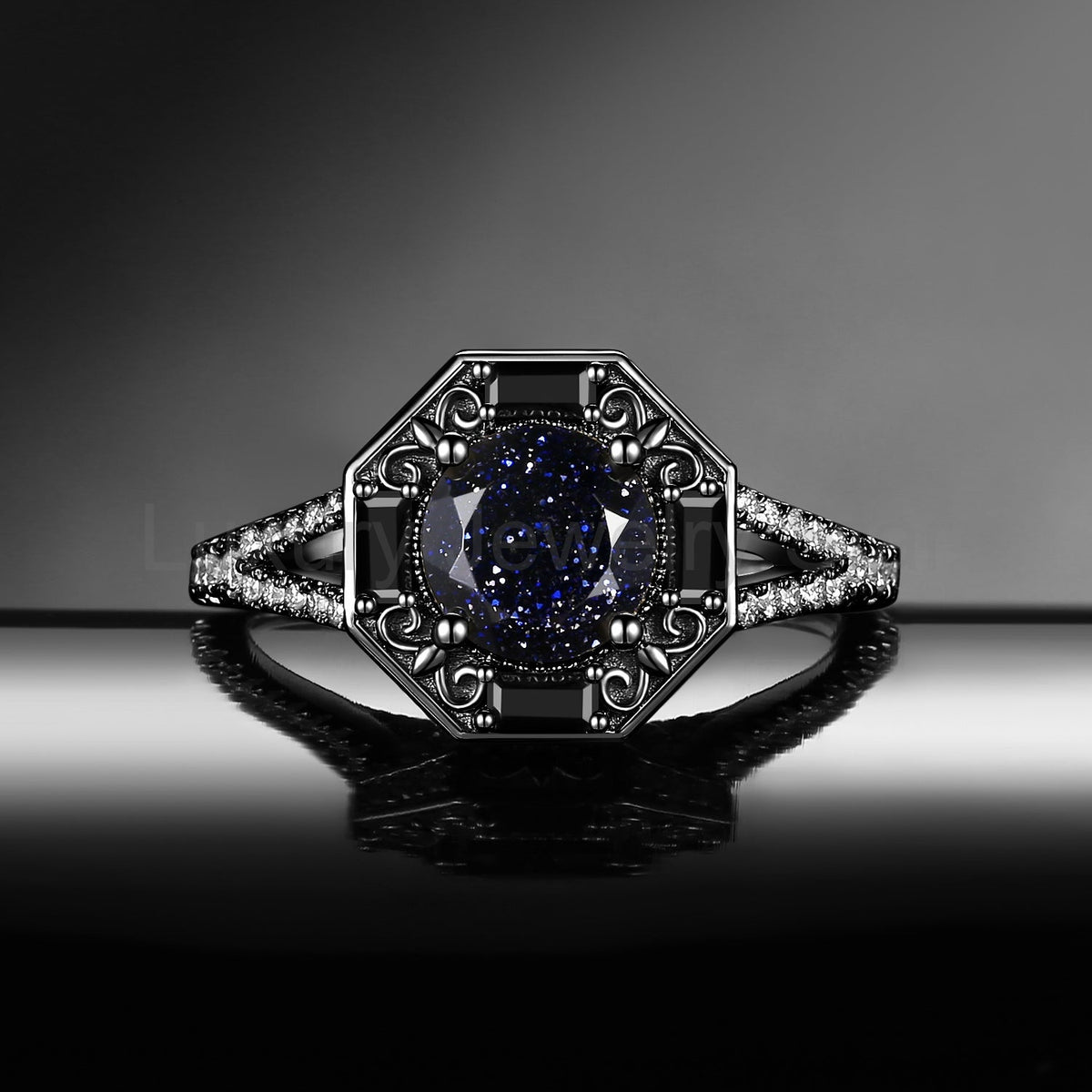 Round Cut Blue Sandstone 'Fallen Aegis' Filigree Gold Engagement Ring - image 3