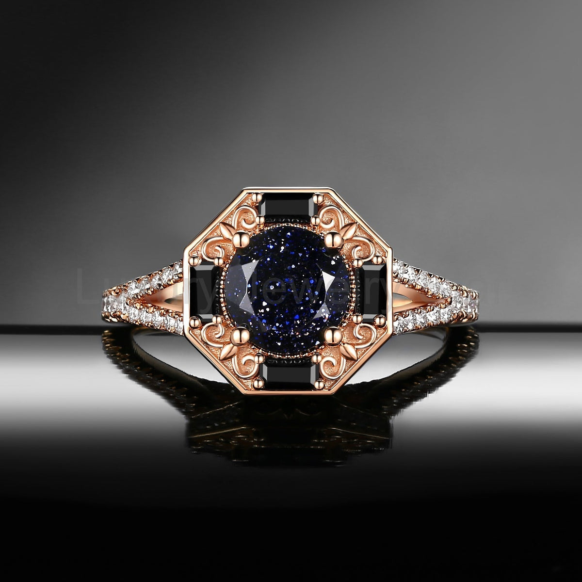 Round Cut Blue Sandstone 'Fallen Aegis' Filigree Gold Engagement Ring - image 4