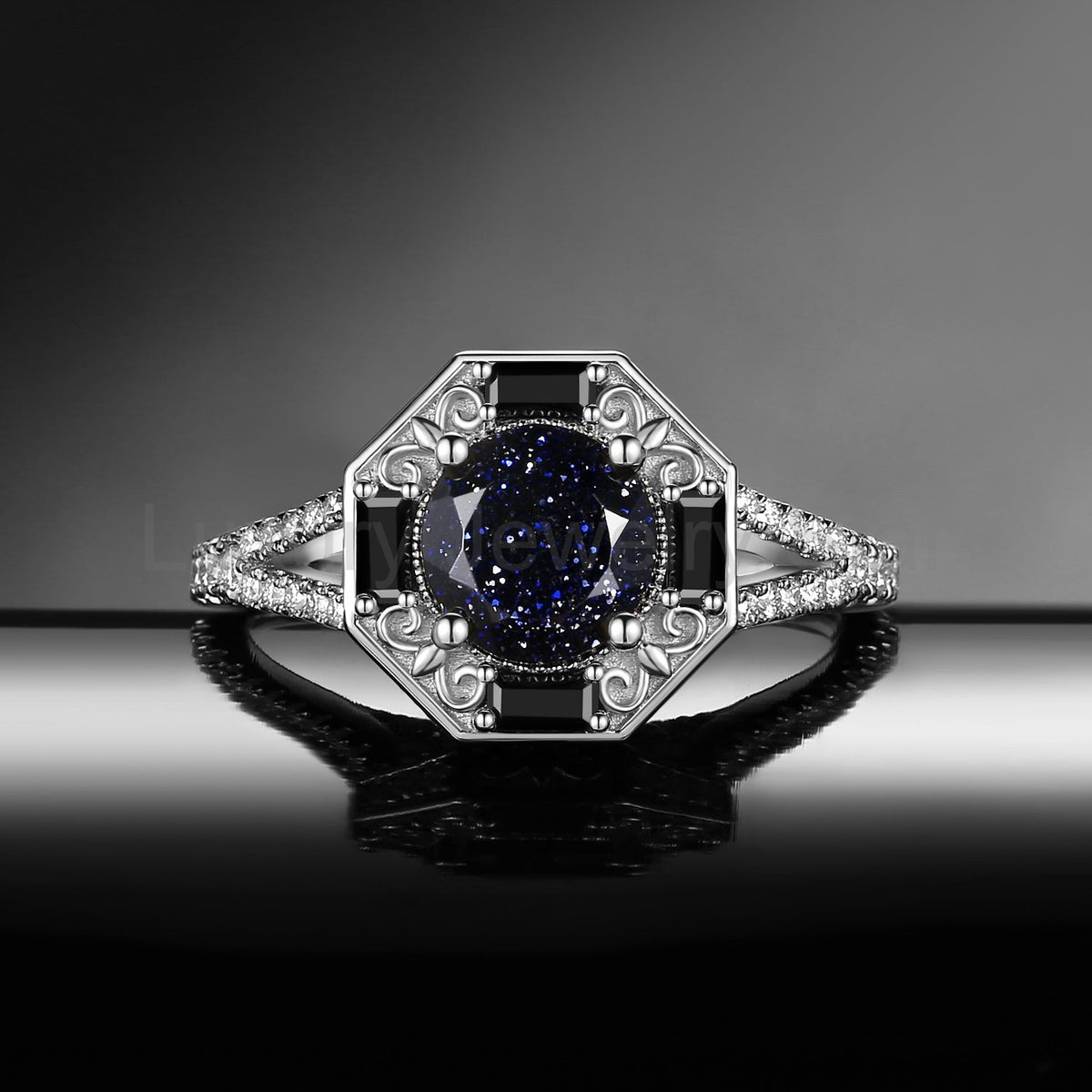 Round Cut Blue Sandstone 'Fallen Aegis' Filigree Gold Engagement Ring - image 5