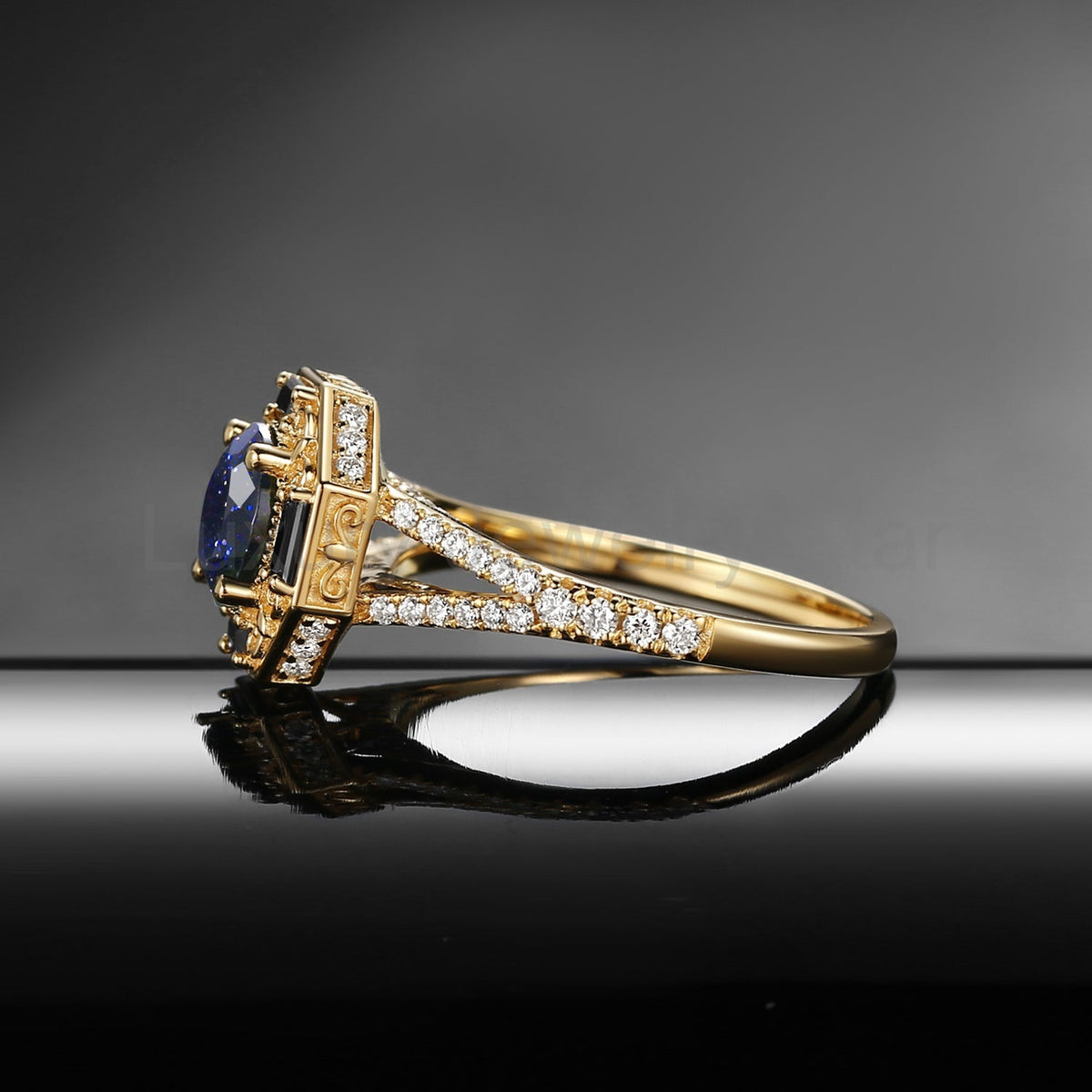 Round Cut Blue Sandstone 'Fallen Aegis' Filigree Gold Engagement Ring - image 6