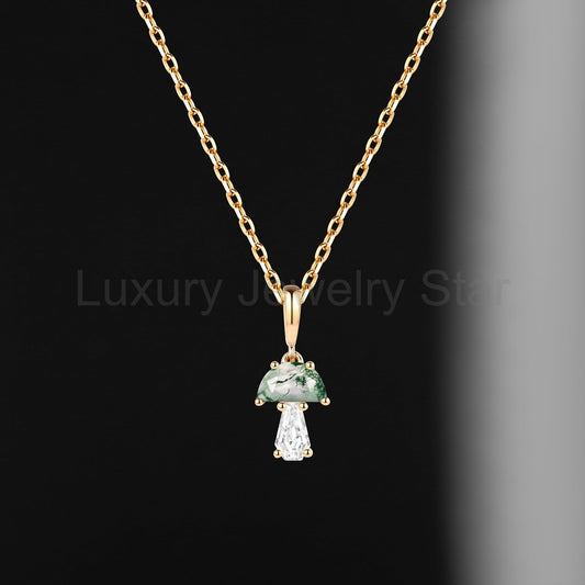 Tree of Life - Half Moon Moss Agate + Coffin Cut Moissanite Mushroom Necklace