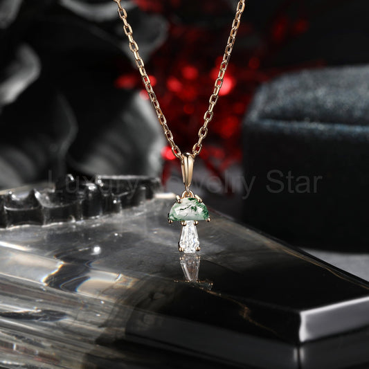 Tree of Life - Half Moon Moss Agate + Coffin Cut Moissanite Mushroom Necklace - image 2