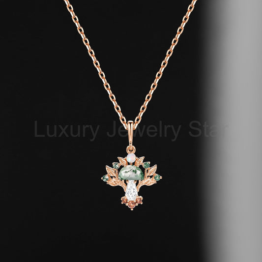 Tree of Life - Nature Inspired Half Moon Moss Agate + Coffin Moissanite Deluxe Mushroom Necklace