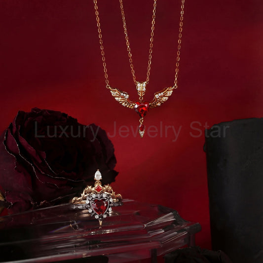 Unique Gothic Heart Garnet Sword Ring Feather Angel Wing Inspired Jewelry - 'Cupid's Arrow' Jewelry