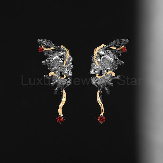 Unique Gothic Skull Butterfly Inspired Garnet Halloween Stud Earrings