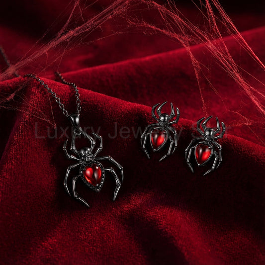 Unique Gothic Spider & Skull Pear Garnet Black Gold Inspired Jewelry Set - Spider Jewelry Box