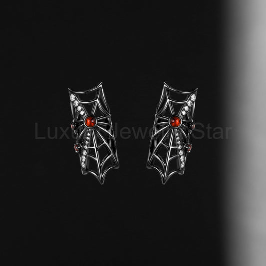 Unique Gothic Spider Web Garnet Earrings Halloween Jewelry Gift