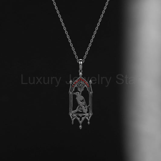 Unique Gothic Style Garnet Dark Crow Inspired Necklace Halloween Jewelry Gift For Her