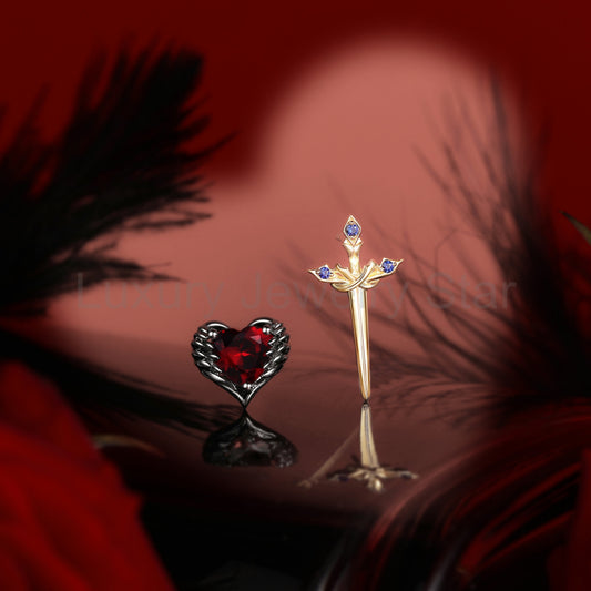 Unique Gothic Style Heart Shaped Garnet & Sapphire Sword Earrings - 'Pierced Heart'