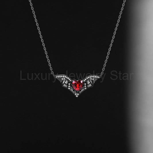 Unique Heart Shaped Garnet Necklace Bat Wing Halloween Jewelry