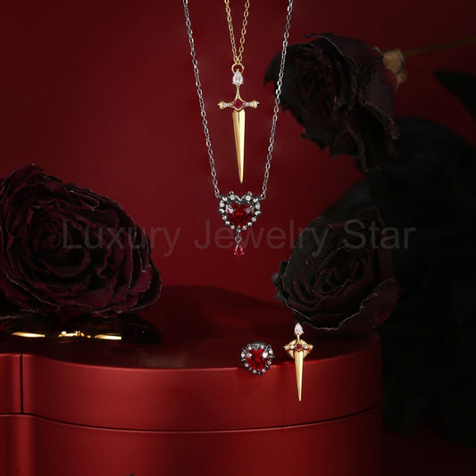Unique Heart Shaped Lab Ruby & Sword Couple Jewelry Set - 'Cupid's Arrow' Jewelry Box