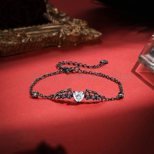 Unique Heart Shaped Moissanite Gothic Style Bat Wing Bracelet Halloween Jewelry