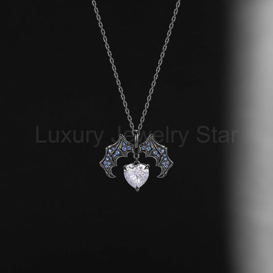 Unique Moissanite Heart Shaped Gothic Style Necklace Halloween Jewelry
