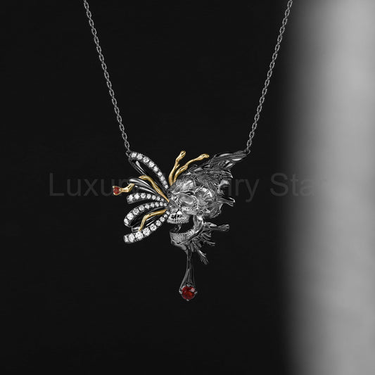Unique Skull & Skeleton Gothic Butterfly Pendant Necklace Halloween Gift