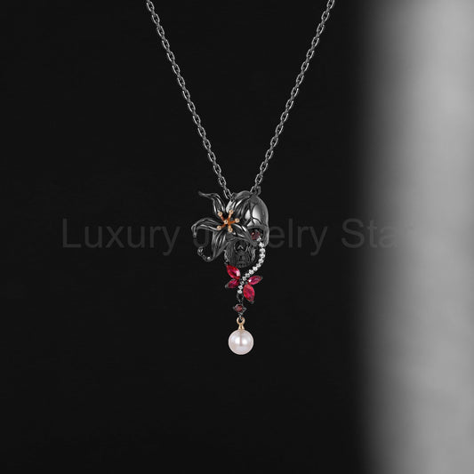 Unique Skull & Skeleton Gothic Flower Inspired Pendant Necklace Halloween Gift