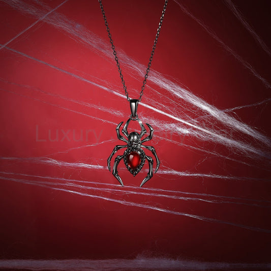 Unique Spider & Skull Pear Cut Garnet Halloween Gothic Pendant Necklace - image 2