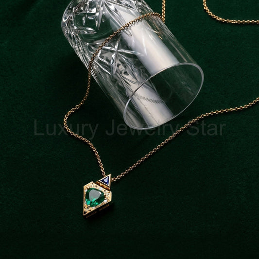 Vintage Inspired Triangle Cut Lab Emerald 'Fallen Aegis' Filigree Gold Necklace